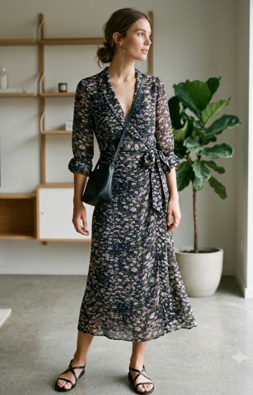 GANNI EU 40 Black Floral Chiffon Wrap Midi Dress V-Neck Tie Ruffle 3/4